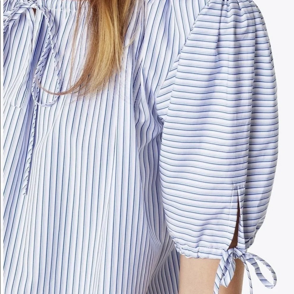 Tory Burch | Ariana Drawstring Top Womens S Small Blue Ombre Stripe Short Sleeve